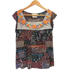 Savanna Jane Floral Embroidered Patchwork Boho Blouse Womens Plus Size 1X Top